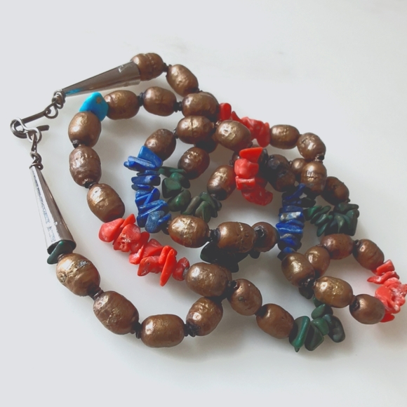 VTG JAPAN COPPER, CORAL, LAPIS, TURQUOISE NECKLACE 32" - Picture 4 of 4